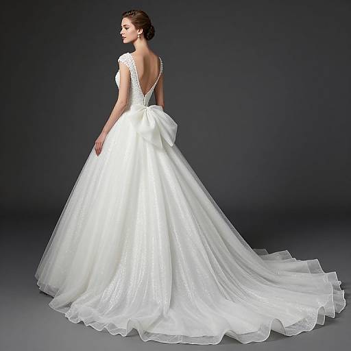 Photograph of a woman in a white, backless, ball-gown wedding dress with a long, flowing train, standing against a dark gray background