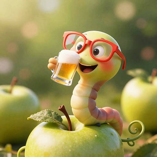 Cheerful Worm Drinking Beer on Apple