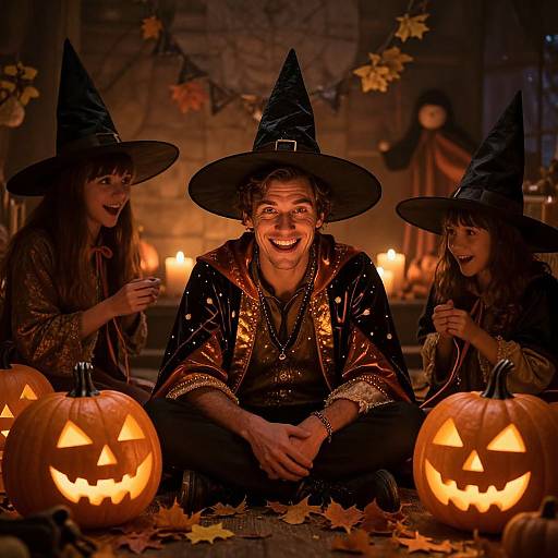 Photograph of three smiling Halloween-costumed children in witch hats, with glowing jack-o'-lanterns, candles, and autumn leaves in a warmly