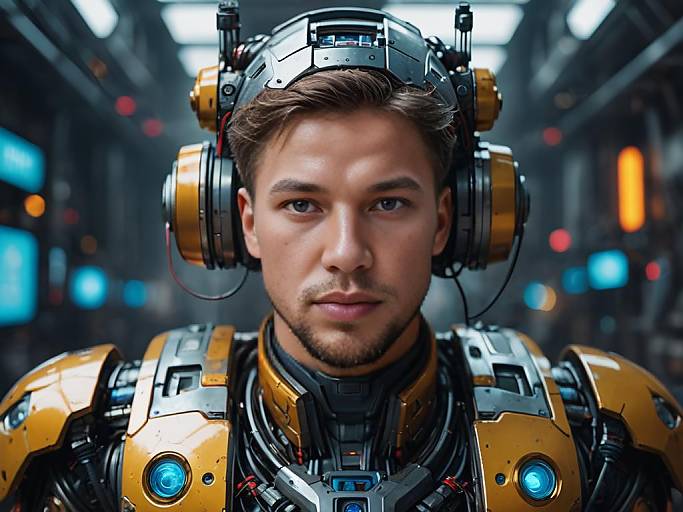 High-Tech Cyborg Man in Futuristic Armor