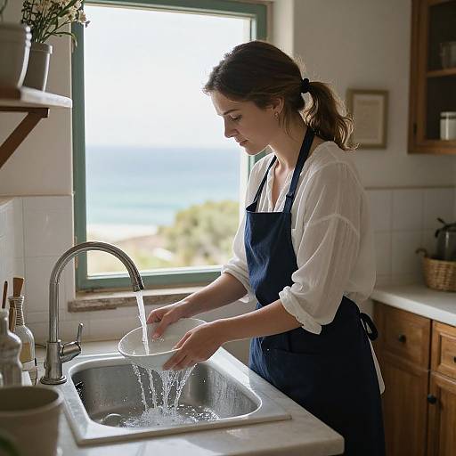 Woman Washing Dishes in Rustic Kitchen