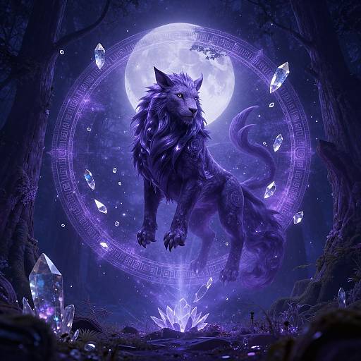 Digital fantasy artwork of a glowing, ethereal wolf with blue-purple fur, floating mid-leap under a full moon, surrounded by mystical crystals and glowing