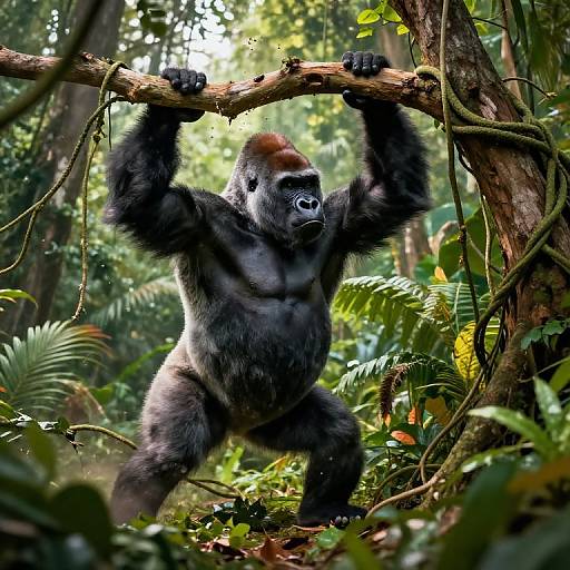 Photograph of a muscular, black-furred gorilla with a reddish-brown head, hanging from a tree branch in a dense, sunlit