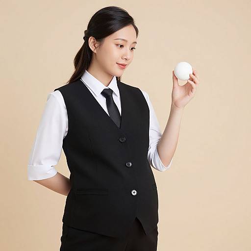 Photograph of an Asian woman with black hair in a ponytail, wearing a black vest, white shirt, and black tie, holding a white egg