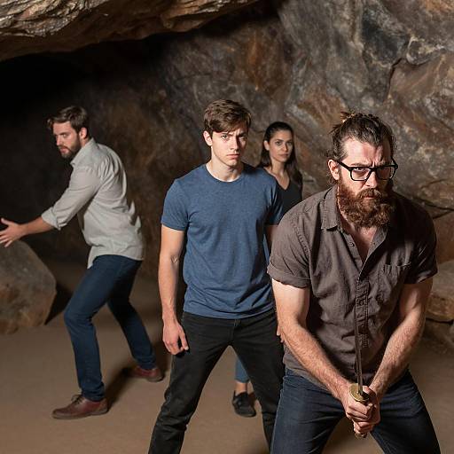 Dramatic Cave Scene with Four Men