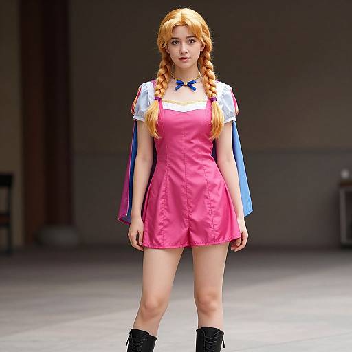 Digital artwork of a young woman with long red braided hair, wearing a pink dress with white sleeves and blue ribbon, standing confidently on a gray runway