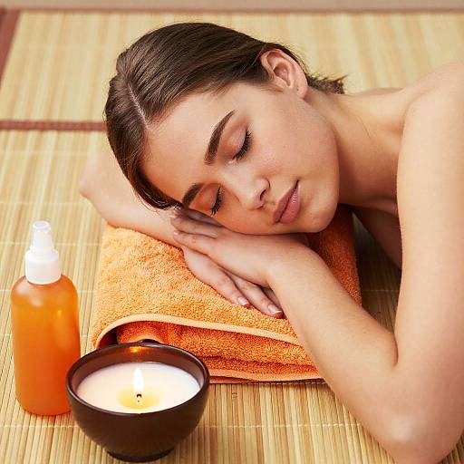 Relaxed Woman Resting on Orange Towel with Candle