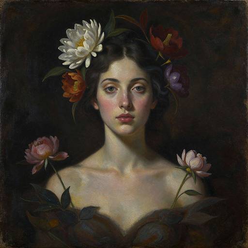 Classical oil painting of a fair-skinned woman with dark hair, adorned with white and red flowers, surrounded by pink blooms. Dark background highlights her