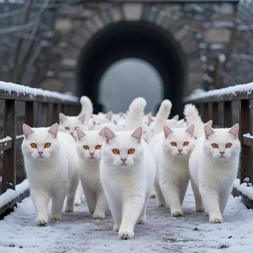 Photograph of a group of six white cats with orange eyes walking in a snow-covered, stone-arched pathway, with black railings on either