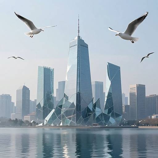 Photograph of modern skyscrapers with reflective glass facades, featuring jagged geometric designs, reflected in a calm water body, with seagulls