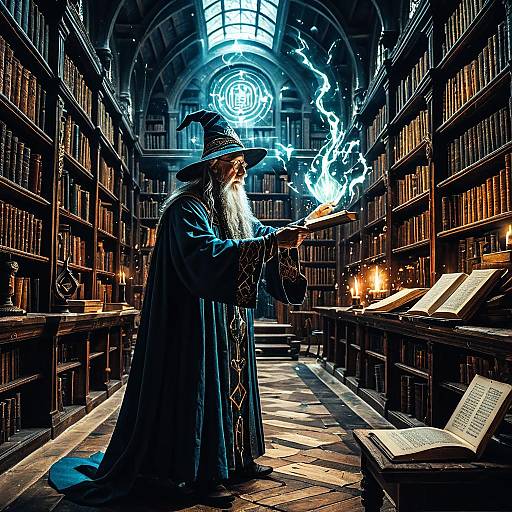 Wizard Casting Spell in Ancient Library