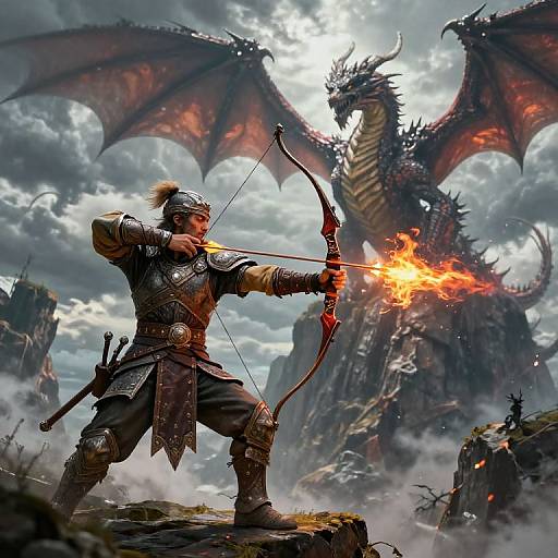 Fantasy artwork: Armored archer with fiery arrow, helmet, and armor, aiming at massive red dragon with wings spread, cloudy sky background.
