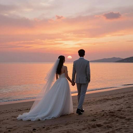 Photograph of a bride in a white gown and veil, holding hands with a groom in a light gray suit, walking on a beach at sunset,
