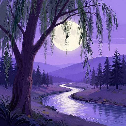 Digital illustration of a moonlit forest night, featuring a winding river, silhouetted trees, and a large, bright full moon behind a we