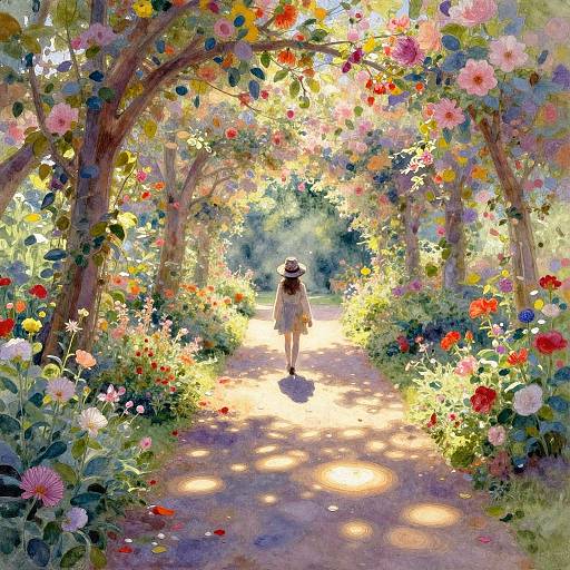 Whimsical watercolor painting of a girl in a sundress and straw hat walking down a sunlit, flower-filled garden pathway.