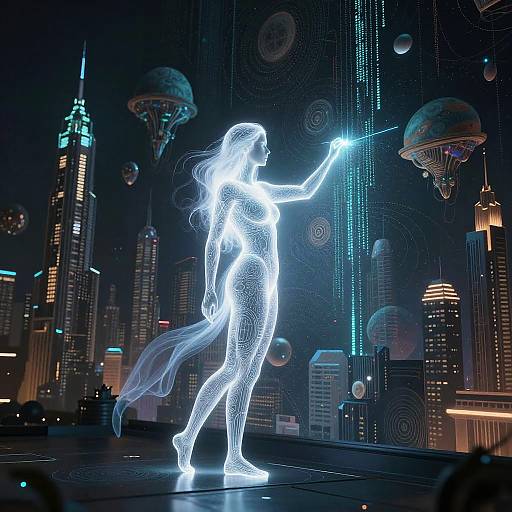 Neon-lit, wireframe female figure in futuristic cityscape with hovering spaceships, glowing city lights, and floating orbs; holding a bright light