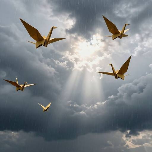 Golden Origami Cranes in Stormy Sky
