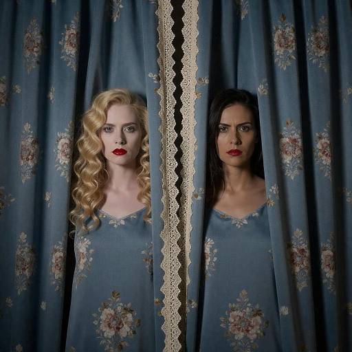 Intense Portraits Behind Blue Floral Curtains