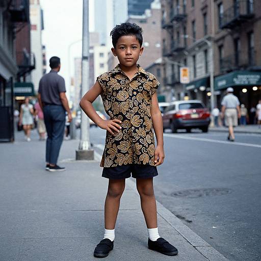 Photograph of young boy with short black hair, standing confidently on city sidewalk in floral-patterned dress, white socks, and black shoes, with blurred