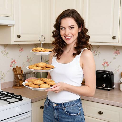 Smiling brunette woman in white tank top and blue jeans, holding plate of cookies on tiered stand in vintage kitchen.