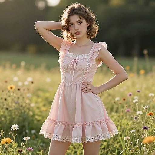 Photograph of a young woman with wavy brown hair, wearing a pink, lace-trimmed, sleeveless dress, standing in a sunlit