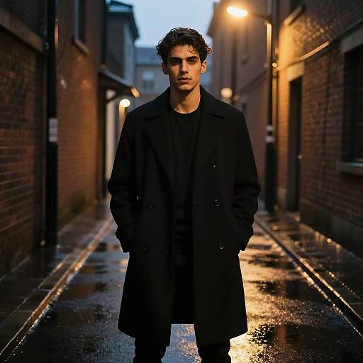 Photograph of a young man with curly dark hair, wearing a long black coat, standing in a dimly lit, wet alley at dusk, with