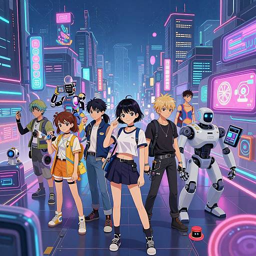 Anime-style digital artwork of a futuristic neon-lit city street featuring six diverse, youthful characters in cyberpunk attire with a humanoid robot. Bright neon signs