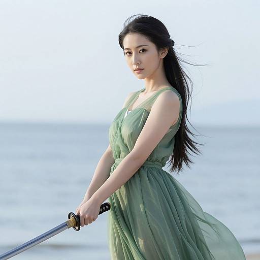 Photograph of an Asian woman with long black hair, wearing a flowing green dress, holding a sword, standing on a beach.