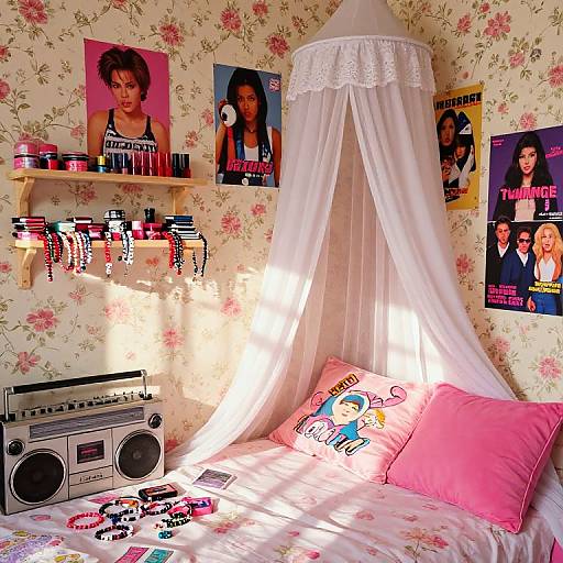 Photograph of a girl's bedroom: floral wallpaper, white canopy bed, pink pillows, Beatles posters, shelf with beads and jars, stereo, and
