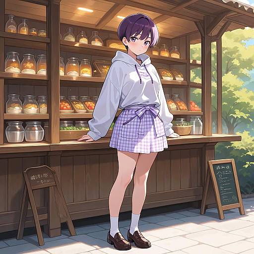 Girl in Hooded Sweatshirt and Apron at Market Stall