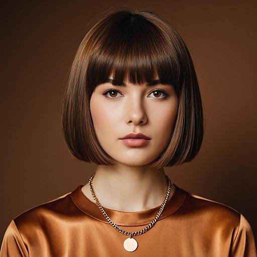 Young Woman with Brown Bowl Cut Wig