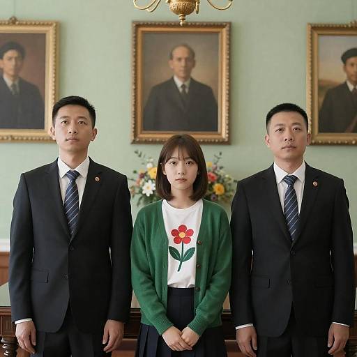 Formal Portrait of Three People in Elegant Room