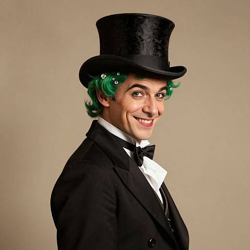 Photograph of a smiling man with green curly hair, wearing a black top hat, black tuxedo, white bow tie, and beige background.