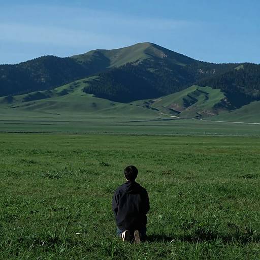 Photograph of a child in a dark jacket, standing in lush green field, facing distant forested mountains under a clear blue sky.
