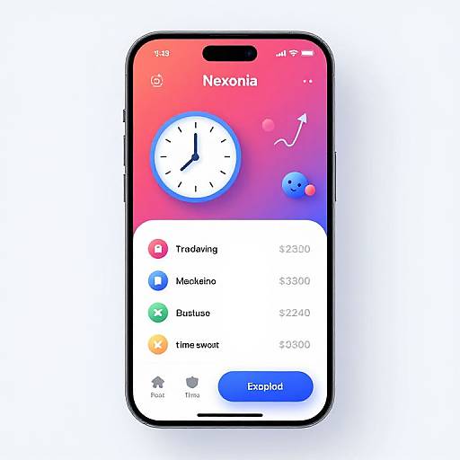 Photograph of a modern smartphone displaying the Neokia home screen with a clock, app icons, and a transaction list.