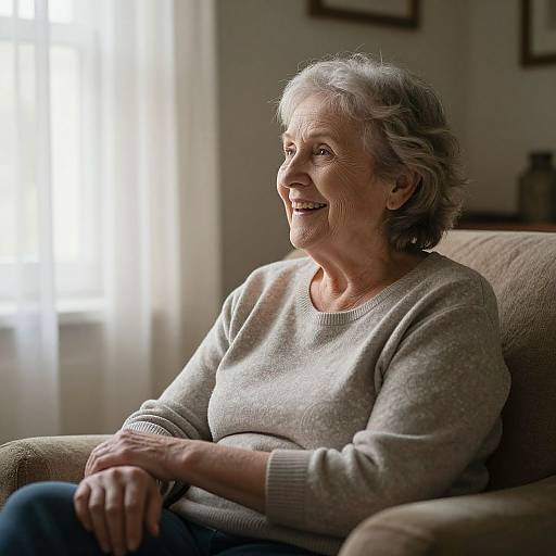 Photograph of an elderly woman with short gray hair, smiling, wearing a light gray sweater, sitting in a beige armchair by a sunlit window