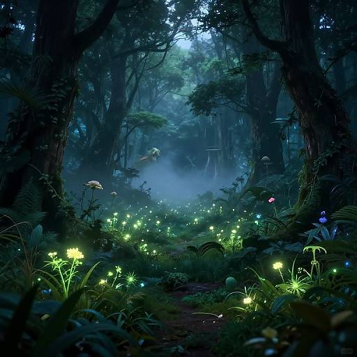 Mystical forest at night, illuminated by glowing green and blue fireflies, surrounded by dense, shadowy trees and ethereal fog. Digital art