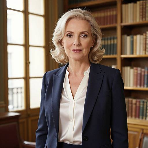 Photograph of a poised, middle-aged woman with short blonde hair, wearing a navy blazer and white blouse, standing in a well-lit,