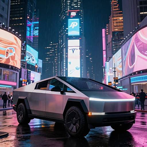 Photograph of a futuristic, silver SUV with neon lights parked in a vibrant, neon-lit, rainy urban night scene, surrounded by towering skyscrap