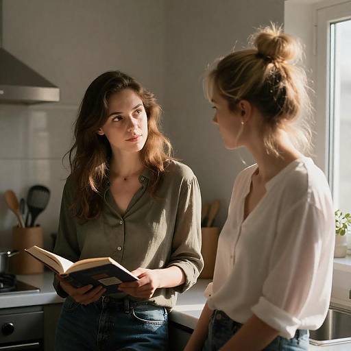 Women Reading in Sunlit Kitchen