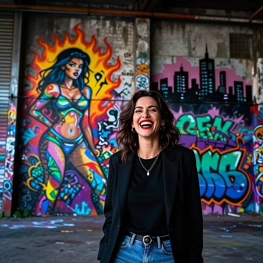Photograph of a smiling woman with dark wavy hair, wearing a black top and jeans, standing in front of vibrant graffiti in an urban, abandoned