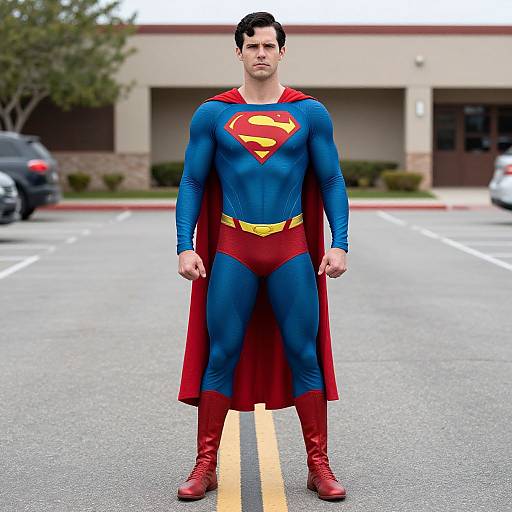 Photograph of a muscular man with short black hair, wearing a blue Superman suit with red cape and boots, standing in a parking lot. Background includes