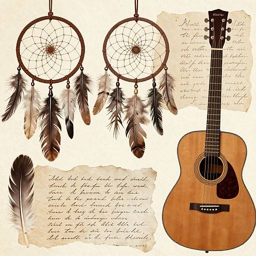 Digital artwork of two dreamcatchers with brown and black feathers, cursive text on parchment, and a detailed acoustic guitar.