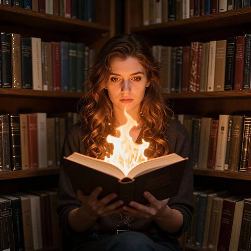 Photograph of a woman with wavy brown hair, glowing fire emanating from open book, sitting in dimly lit library.