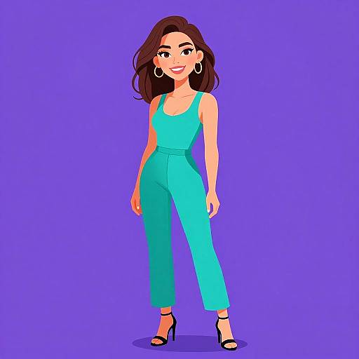 Digital illustration of a smiling woman with brown hair, wearing a turquoise jumpsuit, black high heels, and large hoop earrings, standing against a solid purple