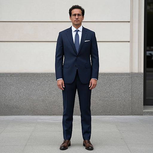 Photograph of a middle-aged man with short, curly dark hair, wearing a dark blue suit, white shirt, and patterned tie, standing in