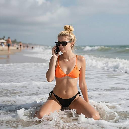 Beach Bliss: Young Woman with Phone