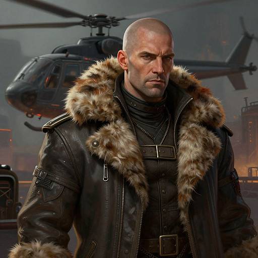 Photorealistic digital artwork of a bald, muscular man in a fur-lined black leather jacket standing in front of a hovering black helicopter against a fiery,
