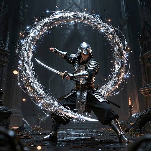Digital artwork of a samurai in silver armor, wielding a glowing katana, creating a sparkling, circular energy ring in a dark, gothic cathedral
