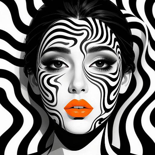 Stylized digital portrait of a woman with black and white zebra-like face paint, striking orange lips, and intense gaze, set against a bold